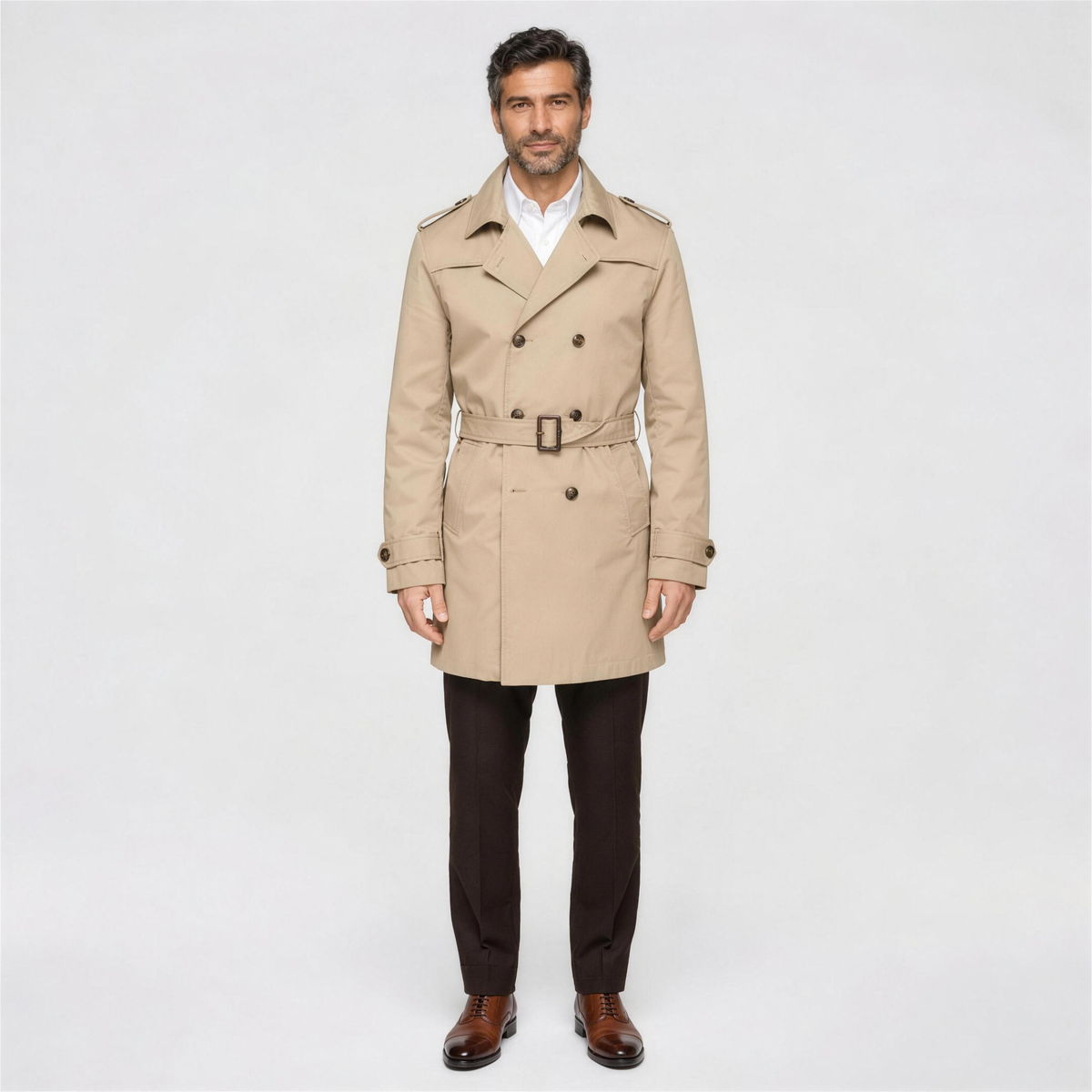 Men's Classic Trench Coat with Belt - Beige