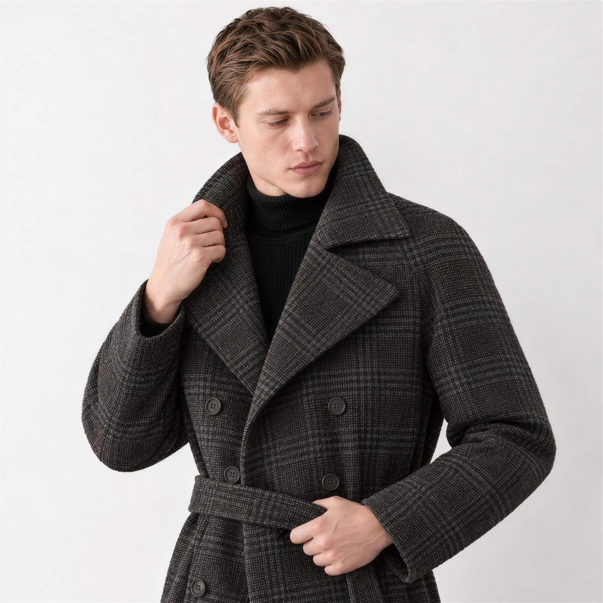 Men's Grey Checked Belted Trench Coat – lapel detail - Photo 5