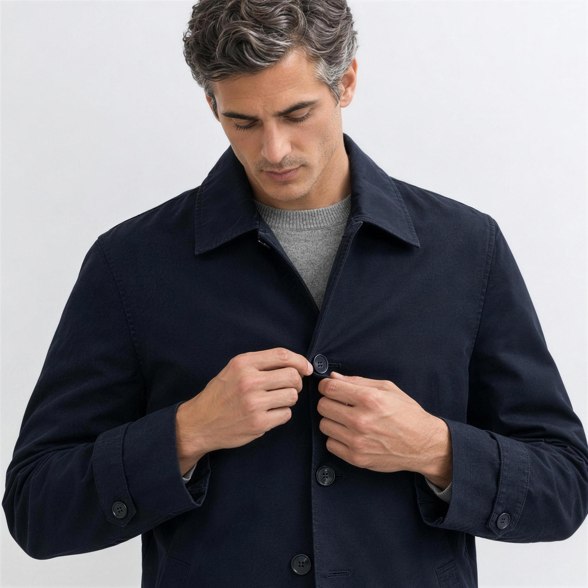 Men's Navy Cotton Trench Coat – button detail - Photo 5