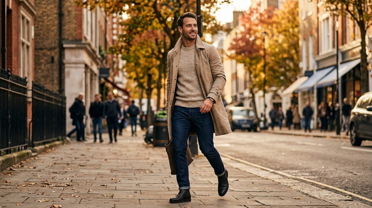 Man walking on an urban street wearing an open trench coat over a knit sweater