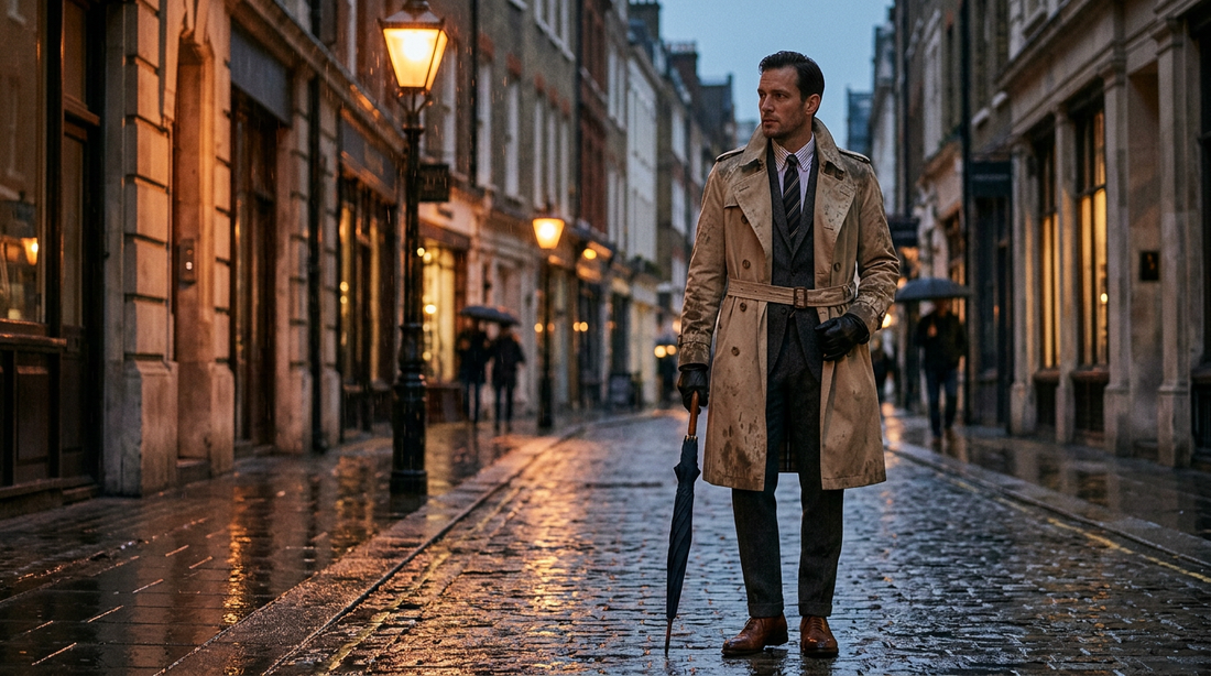 Man in a beige trench coat on a rain-slicked city street at dusk