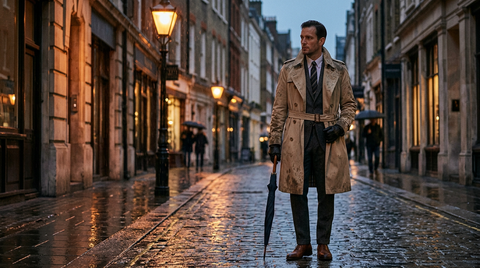 Man in a beige trench coat on a rain-slicked city street at dusk