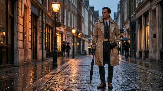 Man in a beige trench coat on a rain-slicked city street at dusk