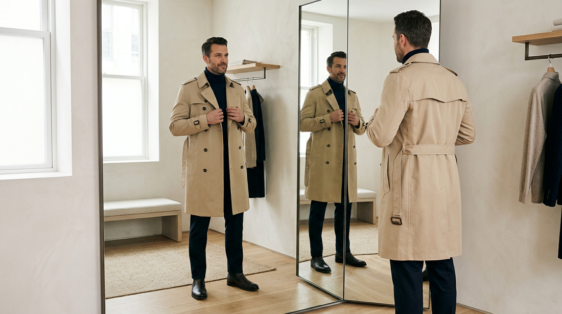 Man trying on a tailored trench coat in front of a mirror to check the fit