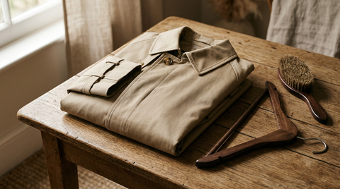 Folded beige gabardine trench coat with a garment brush