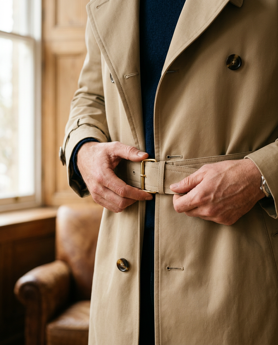 Close-up of hands fastening the belt of a beige trench coat