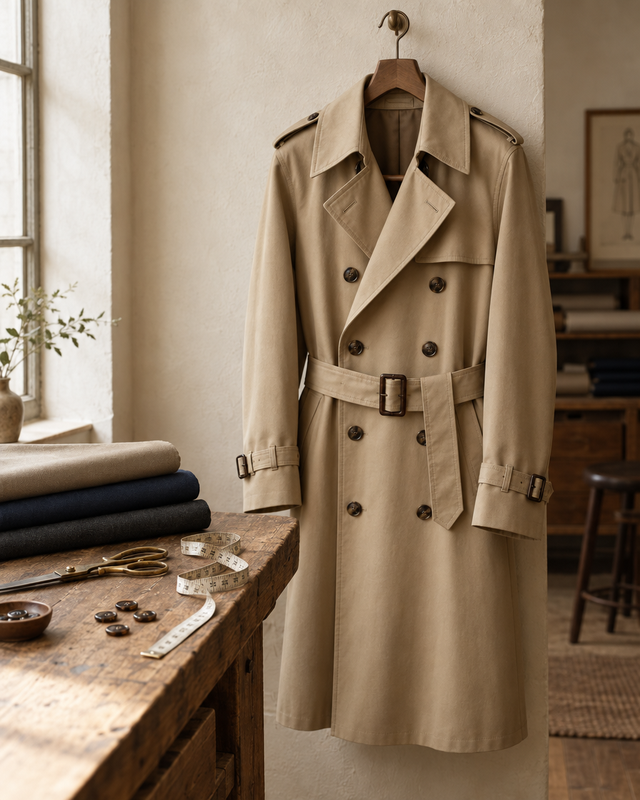 Beige trench coat on a wooden hanger in the East West Atelier workshop