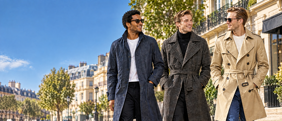 Three men in EastWest trench coats – denim, grey checked and water-repellent – on a sunny street in a luxury city district