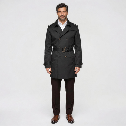 Men's Classic Trench Coat with Belt - Black - Front