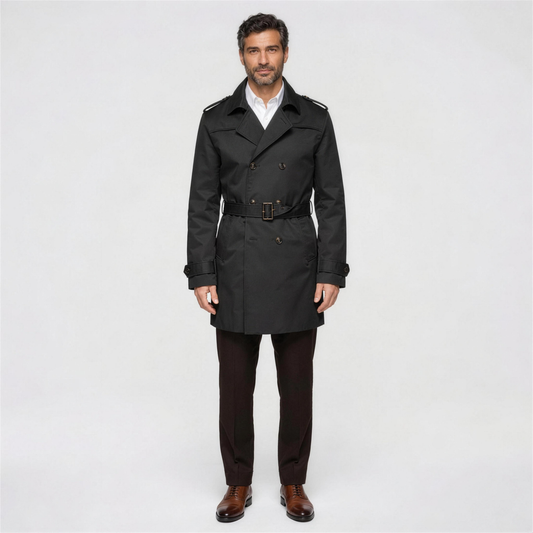 Men's Classic Trench Coat with Belt - Black - Front