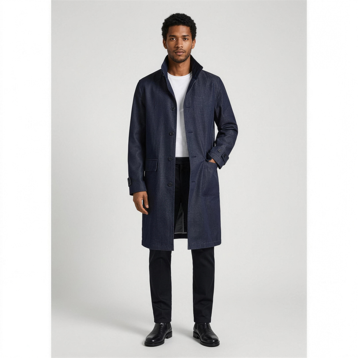 Men's Denim Trench Coat with Stand-Up Collar - Photo 2