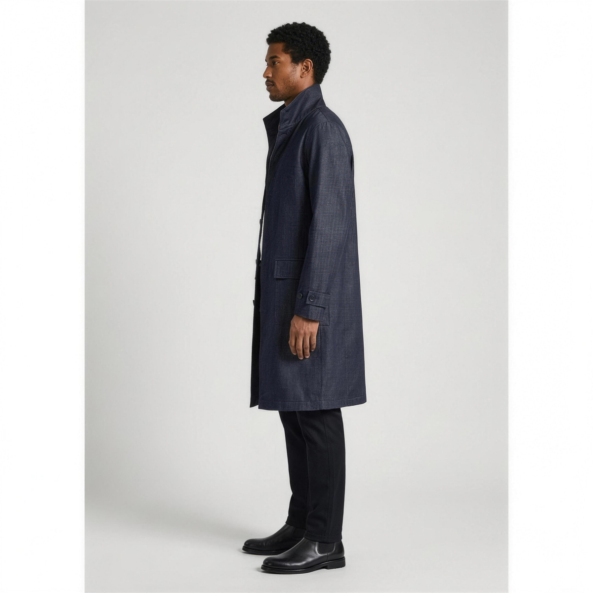 Men's Denim Trench Coat with Stand-Up Collar - Photo 3