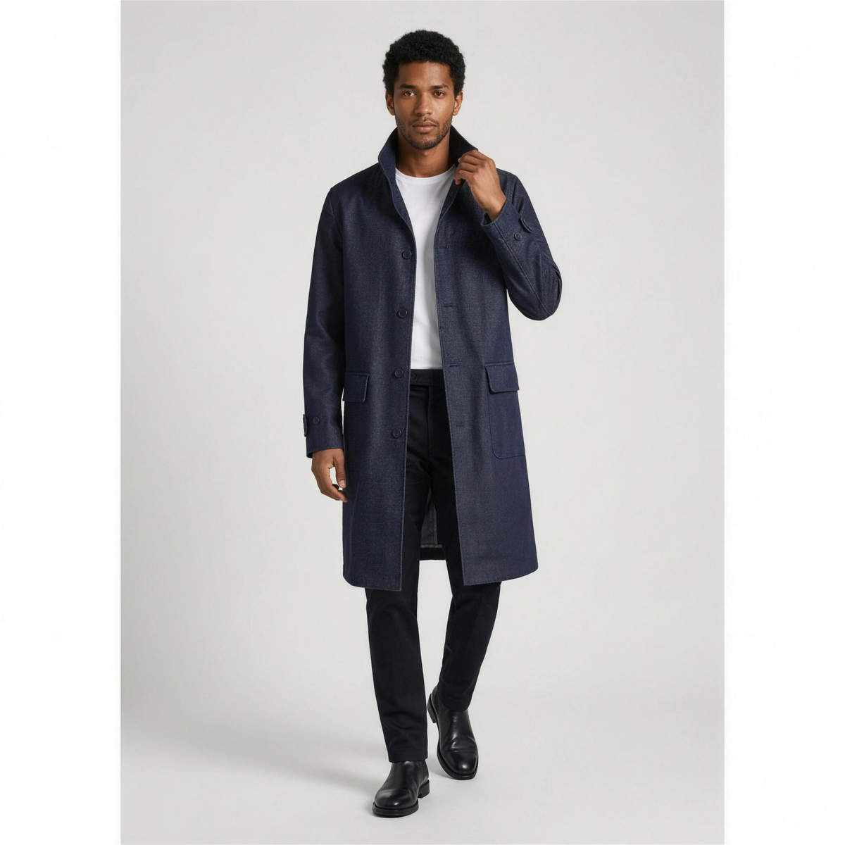 Men's Denim Trench Coat with Stand-Up Collar - Photo 5