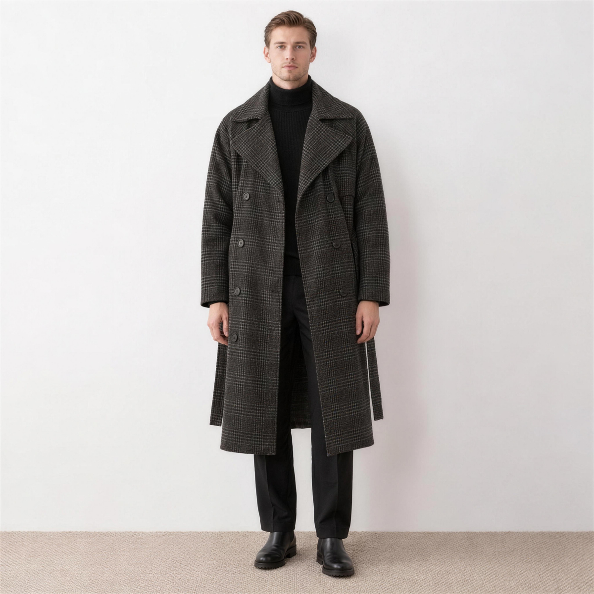 Men's Grey Checked Belted Trench Coat – front view - Photo 1
