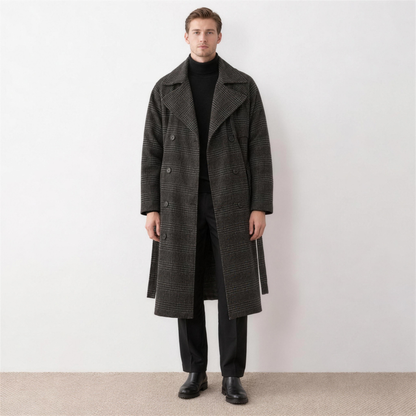 Men's Grey Checked Belted Trench Coat – front view - Photo 1