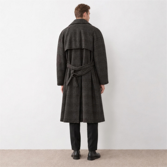 Men's Grey Checked Belted Trench Coat – back view - Photo 2