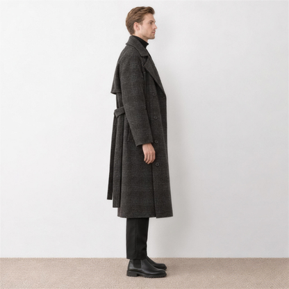 Men's Grey Checked Belted Trench Coat – side view - Photo 3