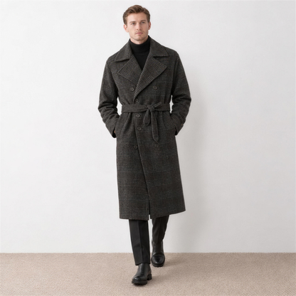 Men's Grey Checked Belted Trench Coat – belted walking - Photo 4