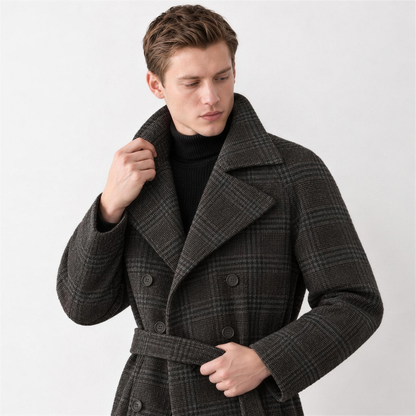 Men's Grey Checked Belted Trench Coat – lapel detail - Photo 5