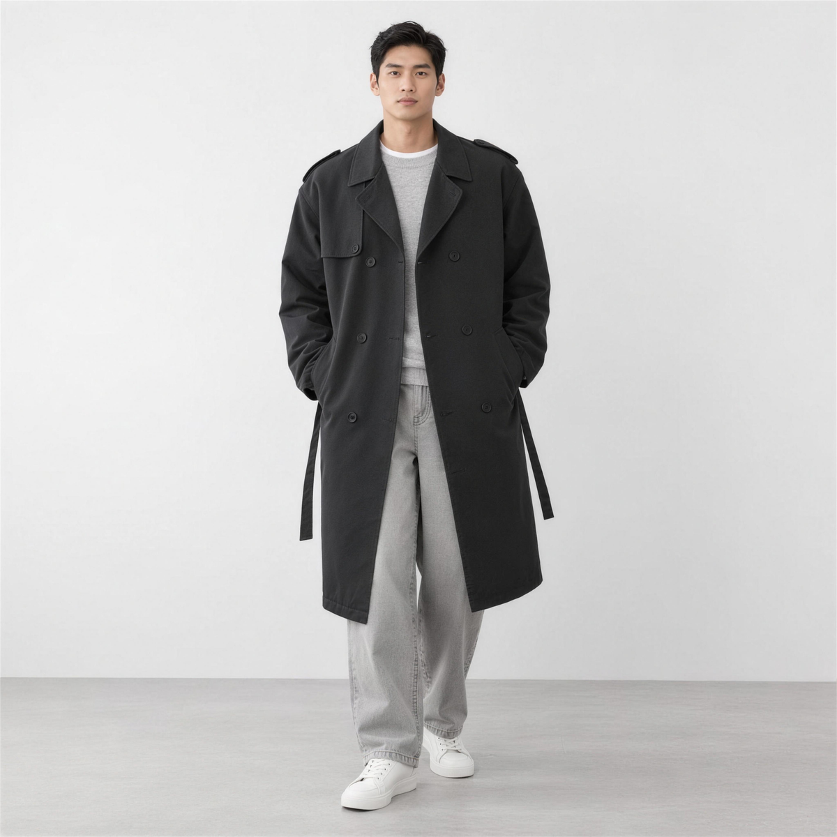 Men's Longline Trench Coat with Belt – Classic Black - Photo 1