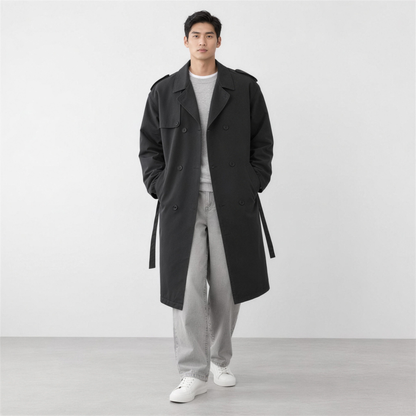 Men's Longline Trench Coat with Belt – Classic Black - Photo 1