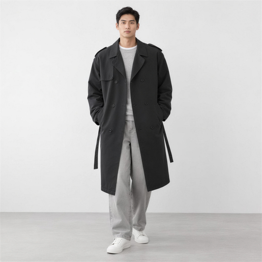 Men's Longline Trench Coat with Belt – Classic Black - Photo 1