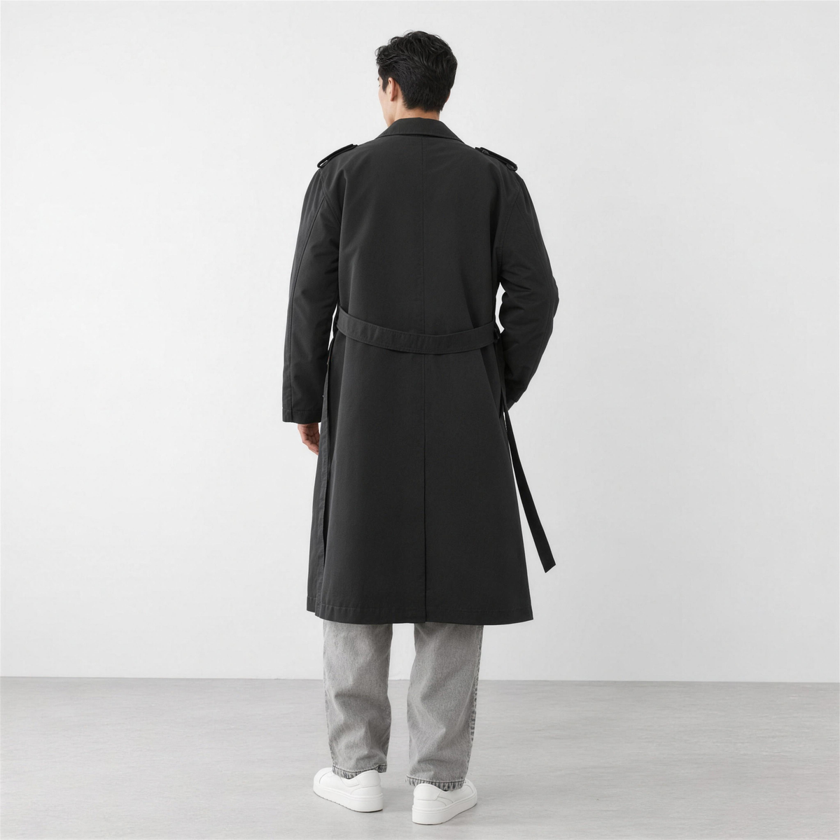 Men's Longline Trench Coat with Belt – Classic Black - Photo 2