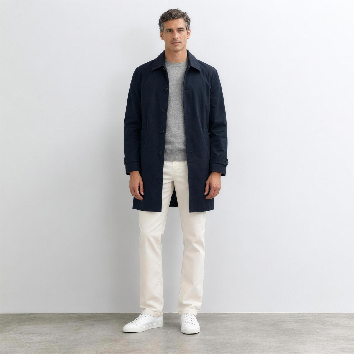 Men's Navy Cotton Trench Coat – front view - Photo 1