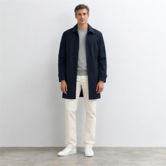 Men's Navy Cotton Trench Coat – front view - Photo 1