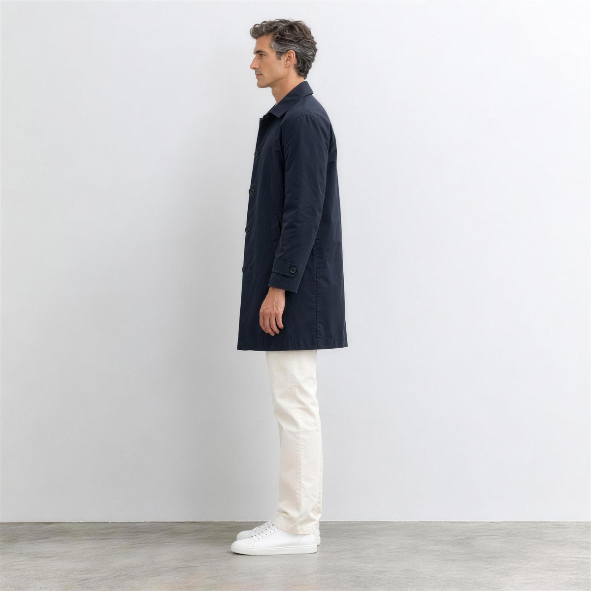 Men's Navy Cotton Trench Coat – side view - Photo 3