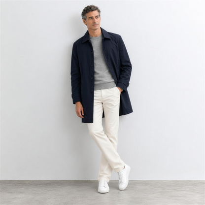 Men's Navy Cotton Trench Coat – leaning pose - Photo 4