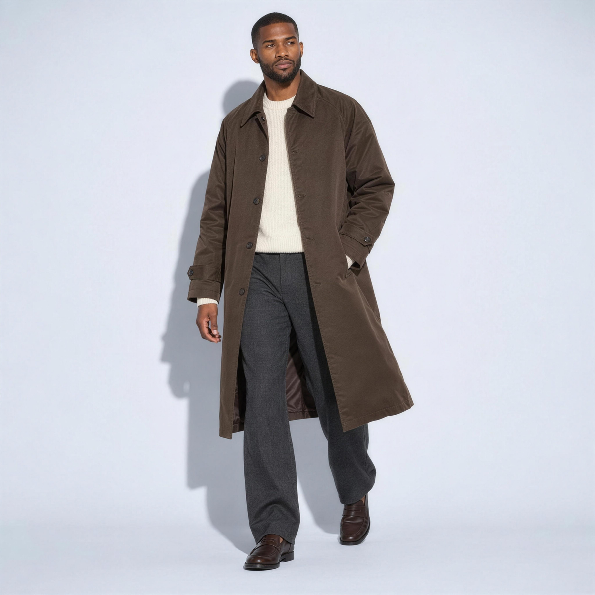 Men's Oversized Brown Trench Coat – walking - Photo 4