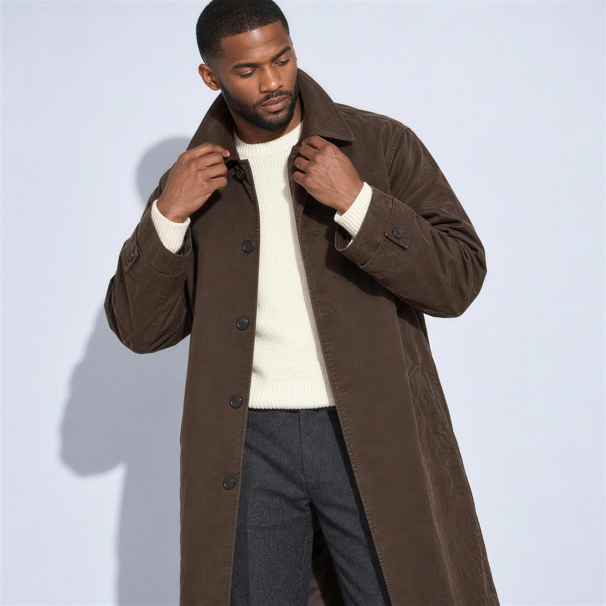 Men's Oversized Brown Trench Coat – collar detail - Photo 5