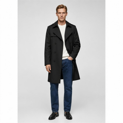 Men's Water-Repellent Belted Trench Coat - Black
