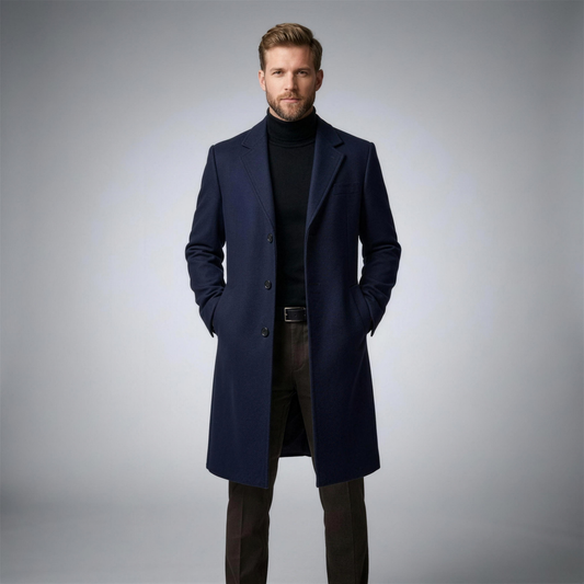 Men's Wool Trench Coat with Classic Lapels - Navy - Photo 2