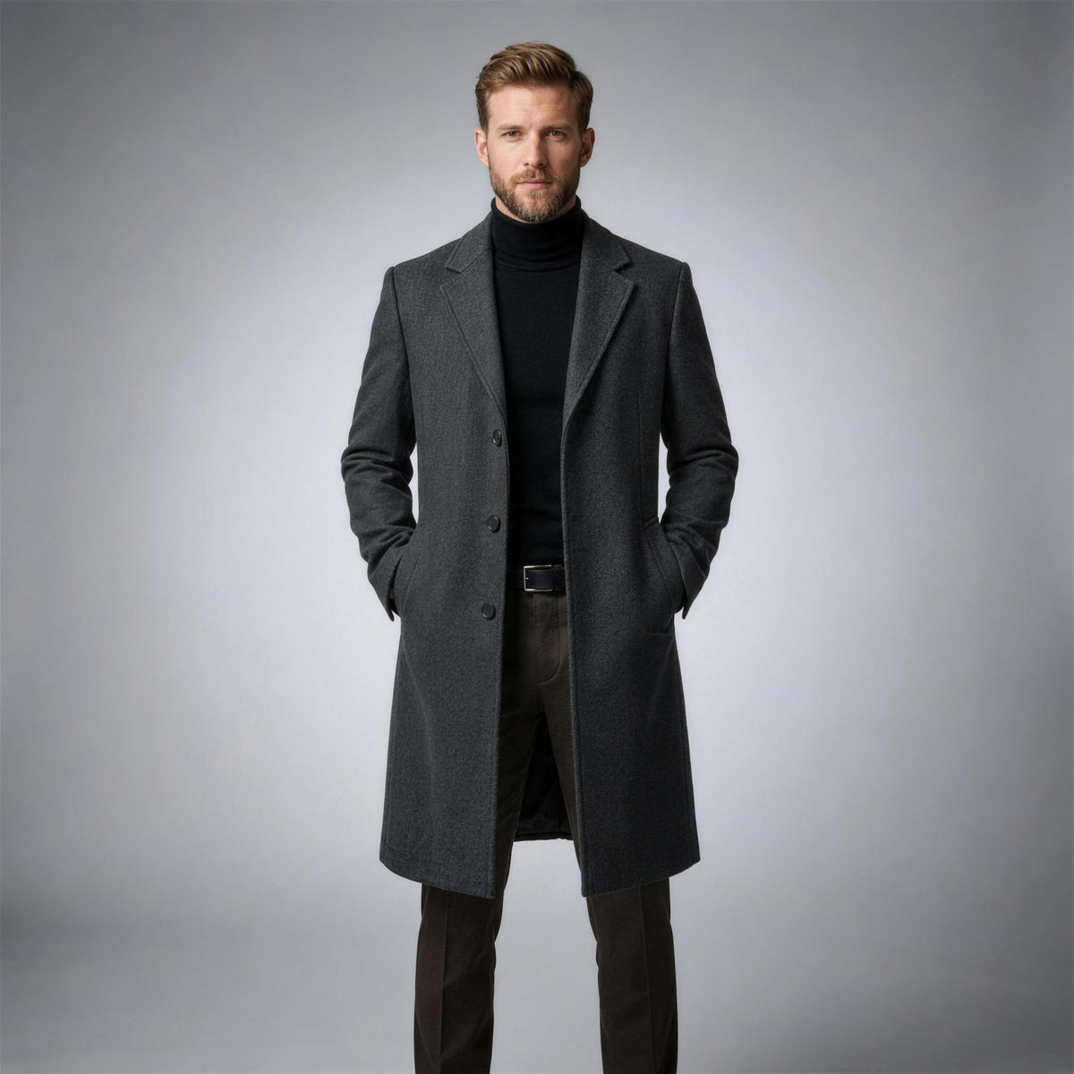 Men's Wool Trench Coat with Classic Lapels - Anthracite - Front