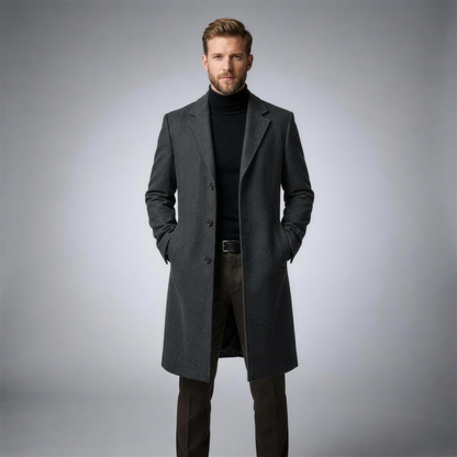 Men's Wool Trench Coat with Classic Lapels - Anthracite - Front