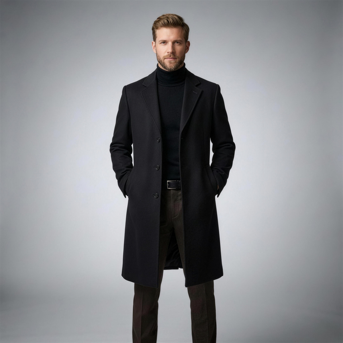 Men's Wool Trench Coat with Classic Lapels - Black - Photo 3