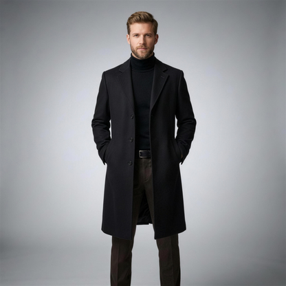 Men's Wool Trench Coat with Classic Lapels - Black - Photo 3