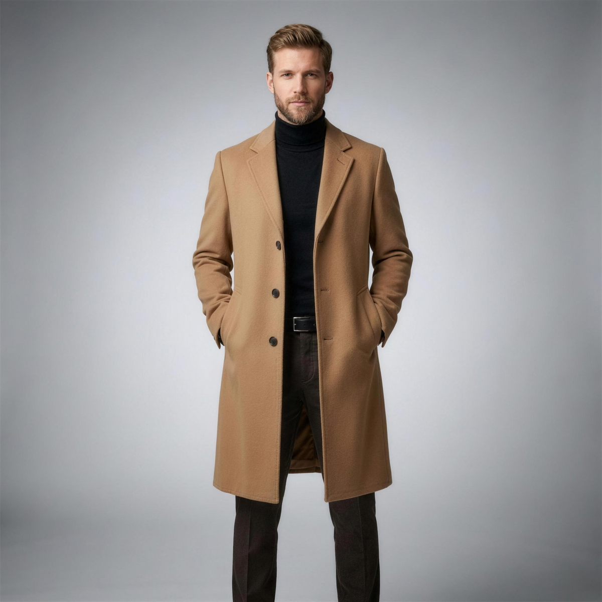 Men's Wool Trench Coat with Classic Lapels - Camel - Photo 4